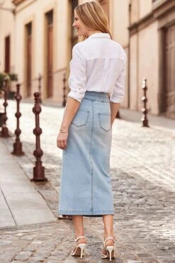 Light Wash Contour Waist Denim Midi Skirt 9 Light Wash Contour Waist Denim Midi Skirt -Sosandar Fashion Store web 2501 40 a24sd008dm001w 40 151