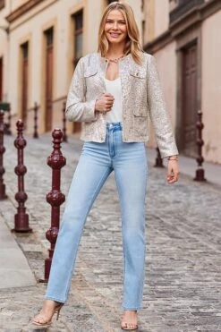 Champagne Gold Pocket Detail Luxe Sequin Jacket -Sosandar Fashion Store web 2501 45 s25ow013cm0002 s24bd040dm001w s21ol004eu0001 45 223 2