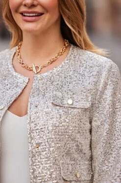 Champagne Gold Pocket Detail Luxe Sequin Jacket -Sosandar Fashion Store web 2501 45 s25ow013cm0002 s24bd040dm001w s21ol004eu0001 45 328
