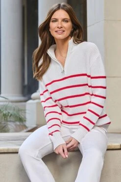 Ivory & Red Stripe Quarter Zip Jumper