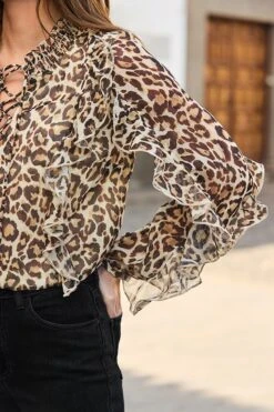 Petite Leopard Print Lace Up Blouse -Sosandar Fashion Store web 2501 62 a23tw096brn s24bd040in0007a01 62 087 rt 1