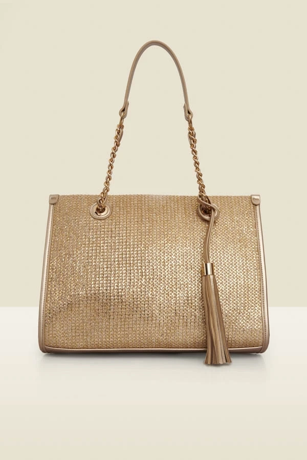 Gold Metallic Tassel Detail Raffia Tote Bag 5 Gold Metallic Tassel Detail Raffia Tote Bag - Image 3