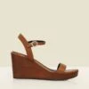 Tan Leather Sandals With Wooden Wedge Heel 1 Tan Leather Sandals With Wooden Wedge Heel -Sosandar Fashion Store web 2501 box s25fw014bn0004 1