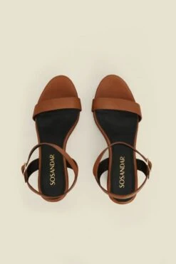 Tan Leather Sandals With Wooden Wedge Heel -Sosandar Fashion Store web 2501 box s25fw014bn0004 4