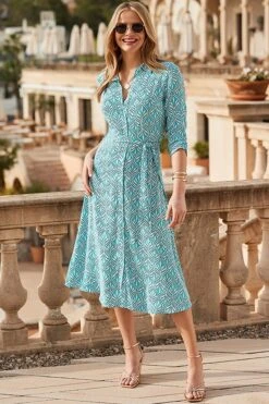 Aqua Blue Geometric Print Tie Waist Shirt Dress