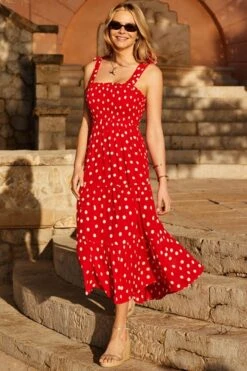 Red & White Spot Print Tie Shoulder Midi Dress