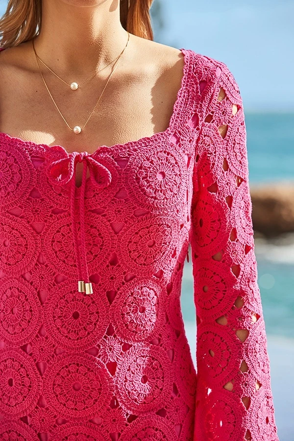 Hot Pink Crochet Tie Detail Dress 5 Hot Pink Crochet Tie Detail Dress - Image 3