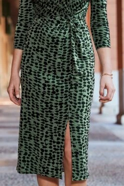 Khaki Green Abstract Print Knot Front Dress -Sosandar Fashion Store web 2502 63 dydrj021khmm01 63 099 rc