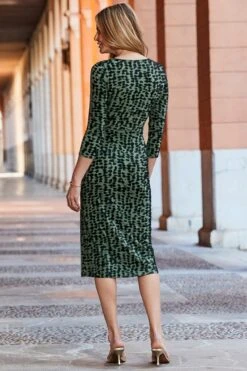 Khaki Green Abstract Print Knot Front Dress -Sosandar Fashion Store web 2502 63 dydrj021khmm01 63 109 rc