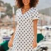 Ivory & Navy Blue Spot Print Linen Blend Shift Dress