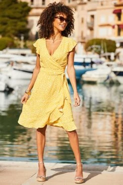 Sunshine Yellow & White Fleck Print Wrap Dress