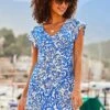 Blue & White Baroque Print Lace Trim Linen Blend Dress