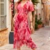 Cherry Blossom Pink Feather Print Wrap Dress