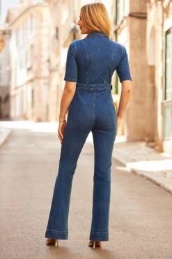 Mid Blue Denim Kick Flare Jumpsuit 9 Mid Blue Denim Kick Flare Jumpsuit -Sosandar Fashion Store web 2503 54 s25jd007be0010 54 152