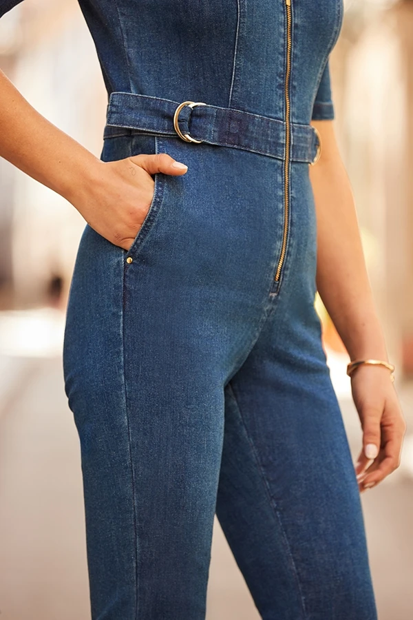 Mid Blue Denim Kick Flare Jumpsuit 6 Mid Blue Denim Kick Flare Jumpsuit - Image 4