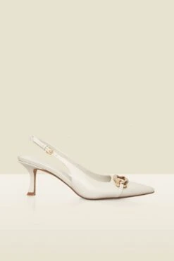 Ecru Leather Chain Detail Slingback Court Shoes
