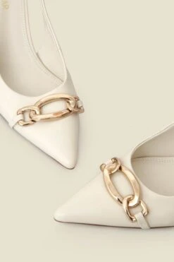 Ecru Leather Chain Detail Slingback Court Shoes -Sosandar Fashion Store web 2503 box s25fw010eu0001 3