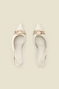 Ecru Leather Chain Detail Slingback Court Shoes -Sosandar Fashion Store web 2503 box s25fw010eu0001 4