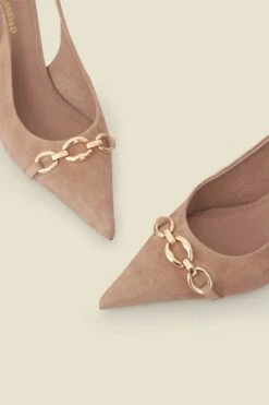 Taupe Suede Chain Detail Slingback Court Shoes -Sosandar Fashion Store web 2503 box s25fw011bn0003 3