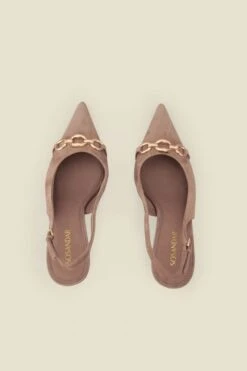 Taupe Suede Chain Detail Slingback Court Shoes -Sosandar Fashion Store web 2503 box s25fw011bn0003 4