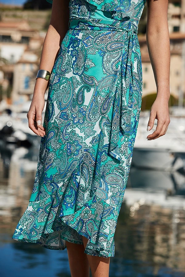 Sea Blue Paisley Print Mesh Wrap Dress 7 Sea Blue Paisley Print Mesh Wrap Dress - Image 5