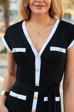 Black & White Contrast Trim Gold Button Dress -Sosandar Fashion Store web 2504 013 dydrj045bk0001 013 0843