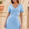 Powder Blue Linen Blend Fit & Flare Dress