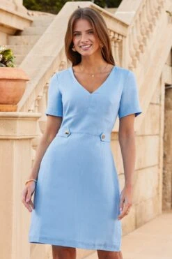 Powder Blue Linen Blend Fit & Flare Dress