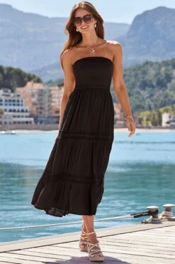 Black Crochet Detail Tiered Bandeau Dress -Sosandar Fashion Store web 2504 047 sedrw041bk0001 047 4573 rc2