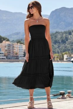Black Crochet Detail Tiered Bandeau Dress