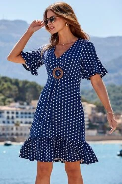 Navy Blue & White Spot Print Hoop Detail Dress