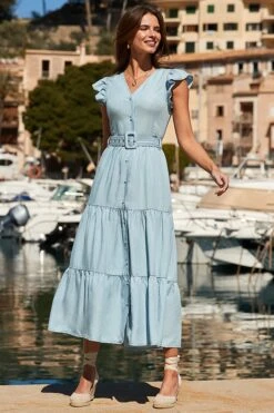 Light Wash Ruffle Sleeve Tiered Hem Midi Dress -Sosandar Fashion Store web 2504 061 s25dd013dm001w 061 3278