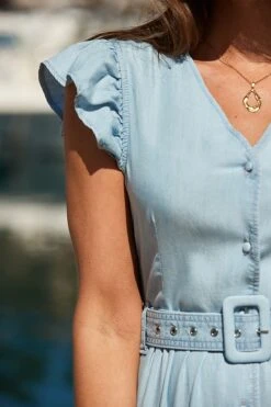 Light Wash Ruffle Sleeve Tiered Hem Midi Dress -Sosandar Fashion Store web 2504 061 s25dd013dm001w 061 3373