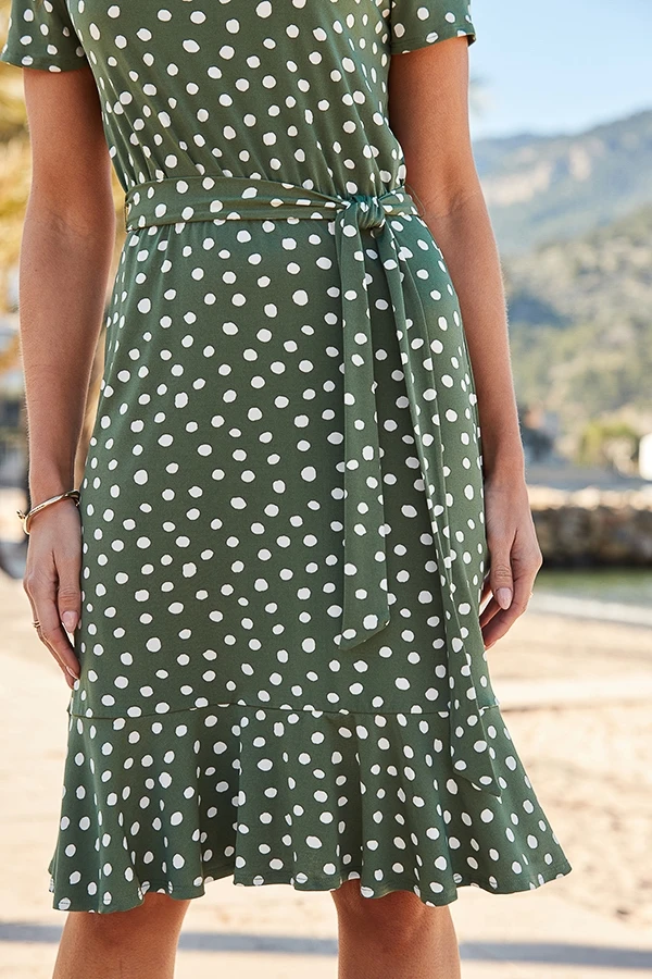 Sage Green Spot Print Tie Waist Shift Dress 5 Sage Green Spot Print Tie Waist Shift Dress - Image 3