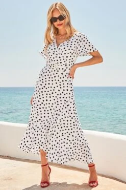 White & Black Spot Print Belted Wrap Dress