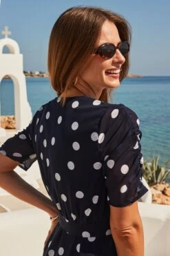 Navy Blue & White Spot Print Faux Wrap Dress 11 Navy Blue & White Spot Print Faux Wrap Dress -Sosandar Fashion Store web 2504 09 dydrw042nasp01 0114