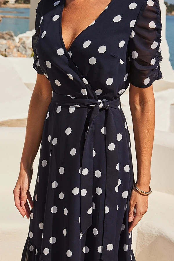 Navy Blue & White Spot Print Faux Wrap Dress 4 Navy Blue & White Spot Print Faux Wrap Dress - Image 2