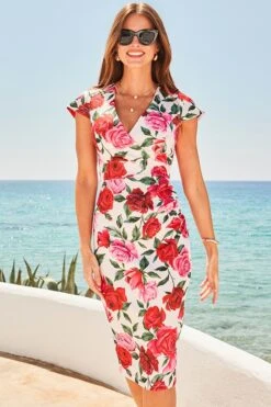 White & Red Floral Sculpting Waistband Dress