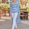 Blue Metallic Chevron Print Longline Cardigan