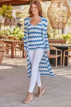Blue Metallic Chevron Print Longline Cardigan