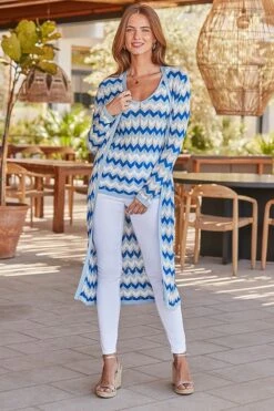 Blue Metallic Chevron Print Longline Cardigan -Sosandar Fashion Store web 2504 34 s22tk228bewe02 s22tk229bewe02 34 0027