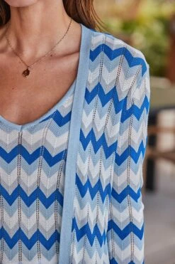 Blue Metallic Chevron Print Longline Cardigan -Sosandar Fashion Store web 2504 34 s22tk228bewe02 s22tk229bewe02 34 0123