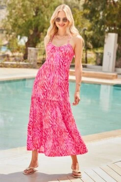 Pink Aztec Print Cross Back Maxi Dress