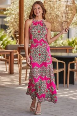 Pink Wanderlust Print Halter Neck Maxi Dress