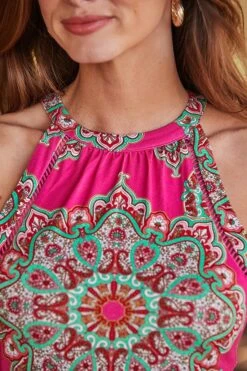 Pink Wanderlust Print Halter Neck Maxi Dress -Sosandar Fashion Store web 2504 64 s24dj167pk0001 64 0042