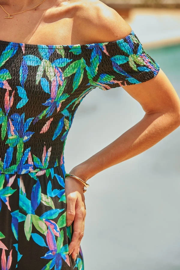 Black Tropical Print Bardot Midi Dress 4 Black Tropical Print Bardot Midi Dress - Image 2