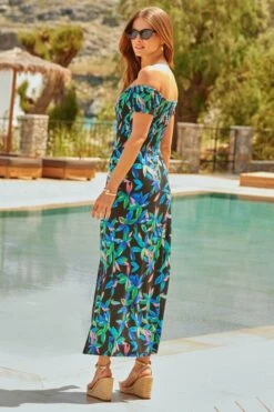 Black Tropical Print Bardot Midi Dress 10 Black Tropical Print Bardot Midi Dress -Sosandar Fashion Store web 2504 66 sedrj013bk0001 66 0141 rt