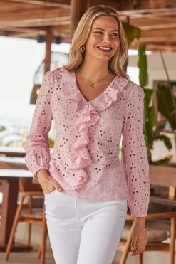 Pink Broderie Ruffle Detail Cotton Blouse