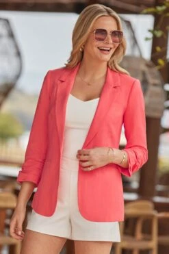 Coral Ruched Sleeve Linen Blend Blazer 12 Coral Ruched Sleeve Linen Blend Blazer -Sosandar Fashion Store web 2504 85 s25ow046rd0020 s25tk398we0001 s24bw066we0001 85 0009 rt