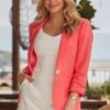 Coral Ruched Sleeve Linen Blend Blazer -Sosandar Fashion Store web 2504 85 s25ow046rd0020 s25tk398we0001 s24bw066we0001 85 0102 rt